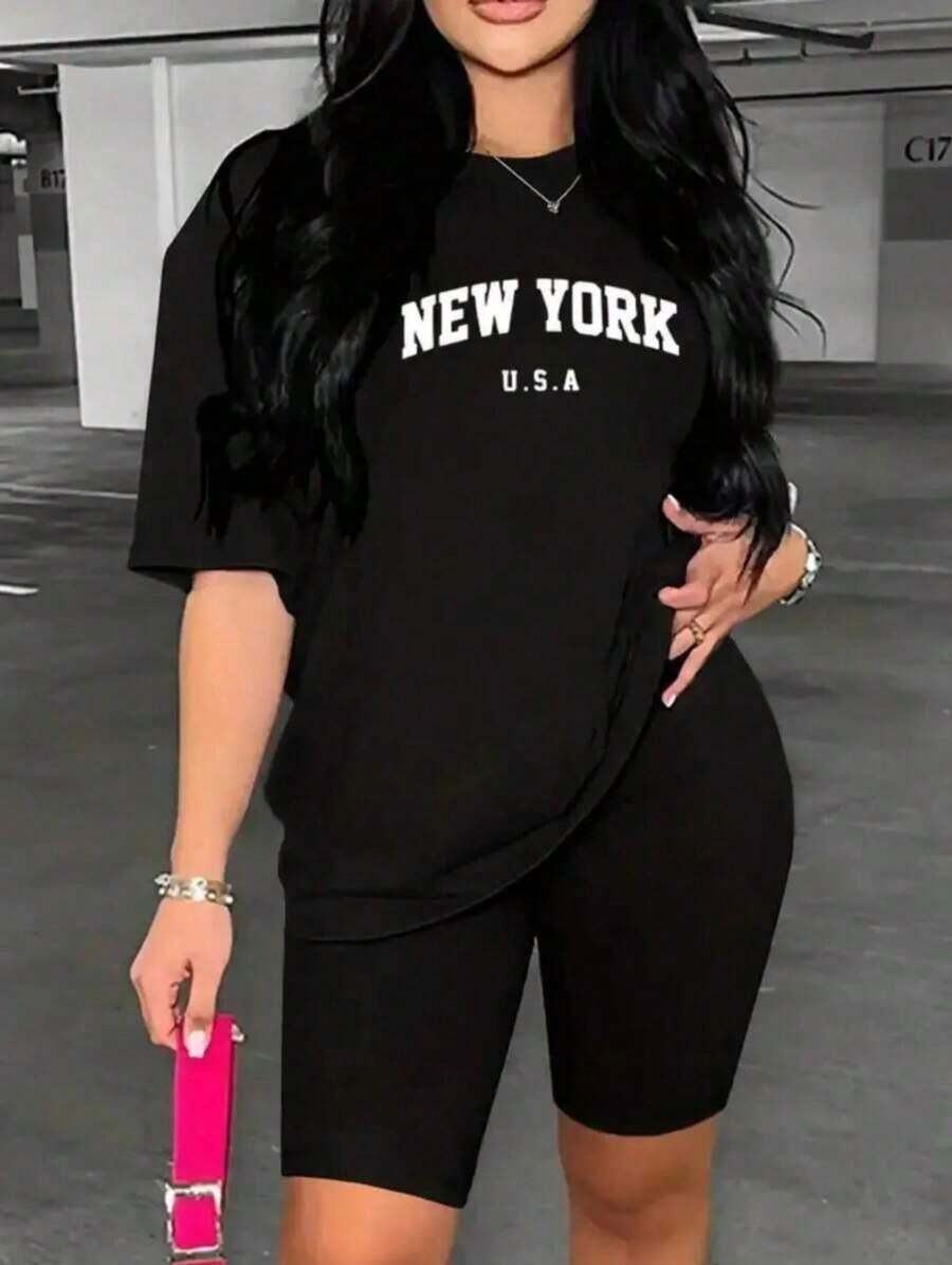 Camiseta casual para mujer, estampada con un motivo de Nueva York, transpirable y que no provoca sudoración, suave y lisa, con una sensación de calidad, adecuada para deportes y fitness, uso diario, vacaciones, oficina, escuela, fiestas y otras ocasiones diversas. - Negro - Ver 1