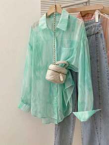 Camisa de protección solar con efecto tie-dye dulce para mujer, de cuello de solapa y manga larga, informal para exteriores/vacaciones, holgada, transpirable y ligera, estilo camisa, color rosa, para primavera/verano - verde menta - Ver 1