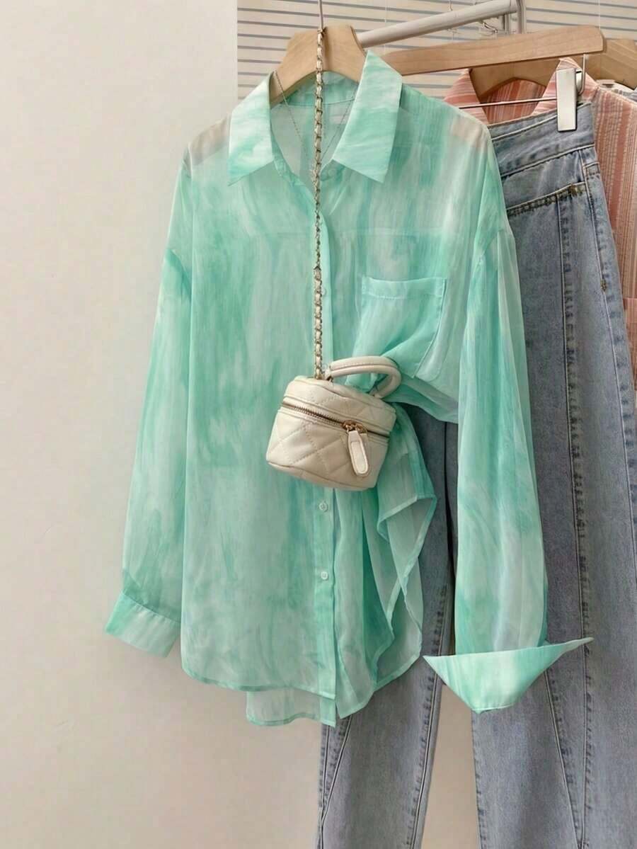 Camisa de protección solar con efecto tie-dye dulce para mujer, de cuello de solapa y manga larga, informal para exteriores/vacaciones, holgada, transpirable y ligera, estilo camisa, color rosa, para primavera/verano - verde menta - Ver 1