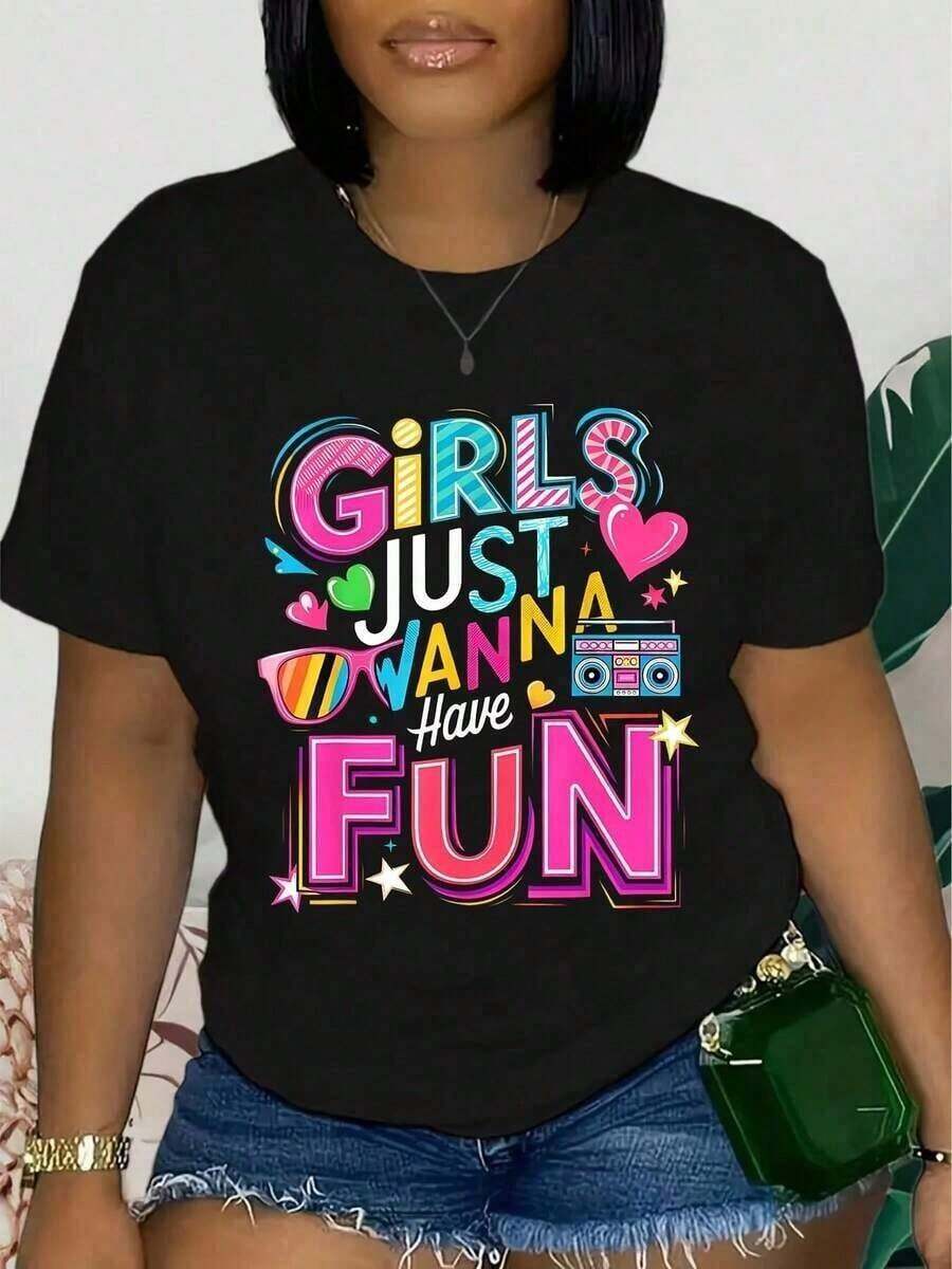 1 Women's Plus Size 80s & 90s Music Print Street T-Shirt With Retro 80s & 90s Party Graphics, High Elasticity Knit Fabric Suitable For Daily Wear At Home, Outdoor Sports And Casual Wear. Casual Short Sleeve T-Shirt For Spring And Summer, Women's Clothing, 180g 100% Cotton. - 黑色 - 查看 1