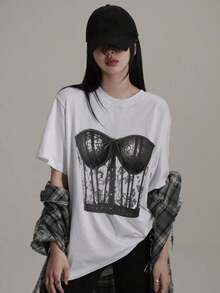 Camiseta blanca de manga corta de corte holgado con cuello redondo y estampado de encaje, para verano - Negro - Ver 1