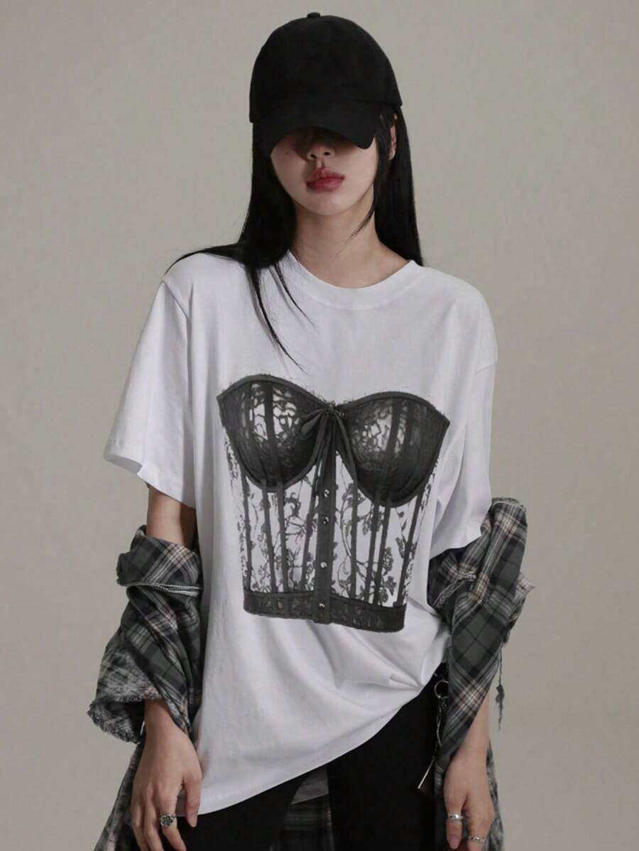 Camiseta blanca de manga corta de corte holgado con cuello redondo y estampado de encaje, para verano - Negro - Ver 1