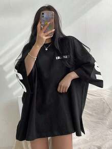 Camiseta de mujer de verano de cuello redondo, manga caída, holgada y casual con estampado de letras, camiseta sobredimensionada, camisetas gráficas de estilo preppy - Negro 2 - Ver 5