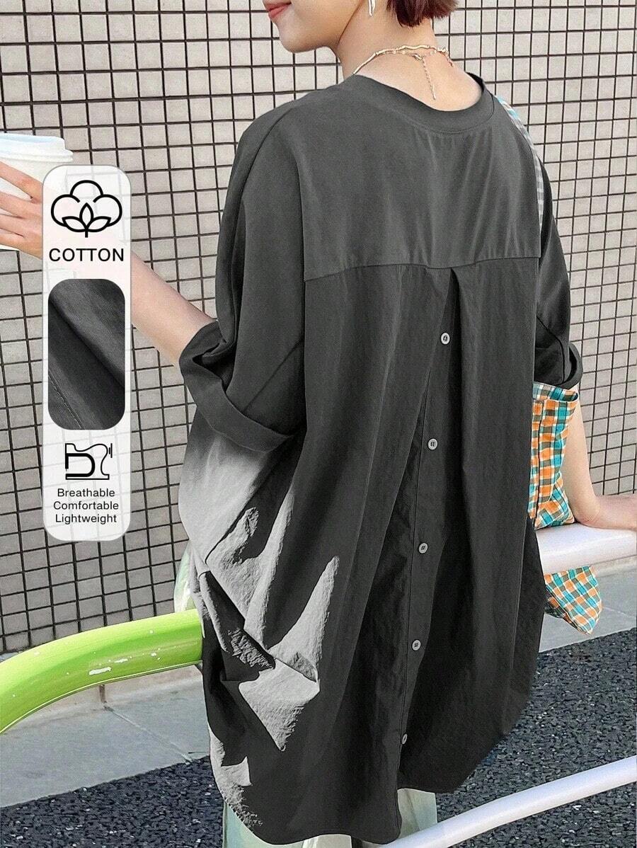 Camiseta minimalista de mujer con bloqueo de color y botones en la espalda, para uso casual diario, ropa de otoño - Gris Oscuro - Ver 1