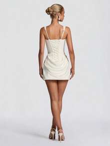 Vestido corto tirantes plisado con corsé, lazos espalda descubierta ajustado sensual moda - Blanco - Ver 2