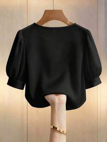 Blusa casual elegante de mujer con cuello redondo en color champán, cuello en V, manga corta abullonada, con adornos de perlas falsas, corte holgado, adecuada para ir a trabajar, elegancia cotidiana.Elegante, casual, atuendo casual para mujer, ro - Negro - Ver 2