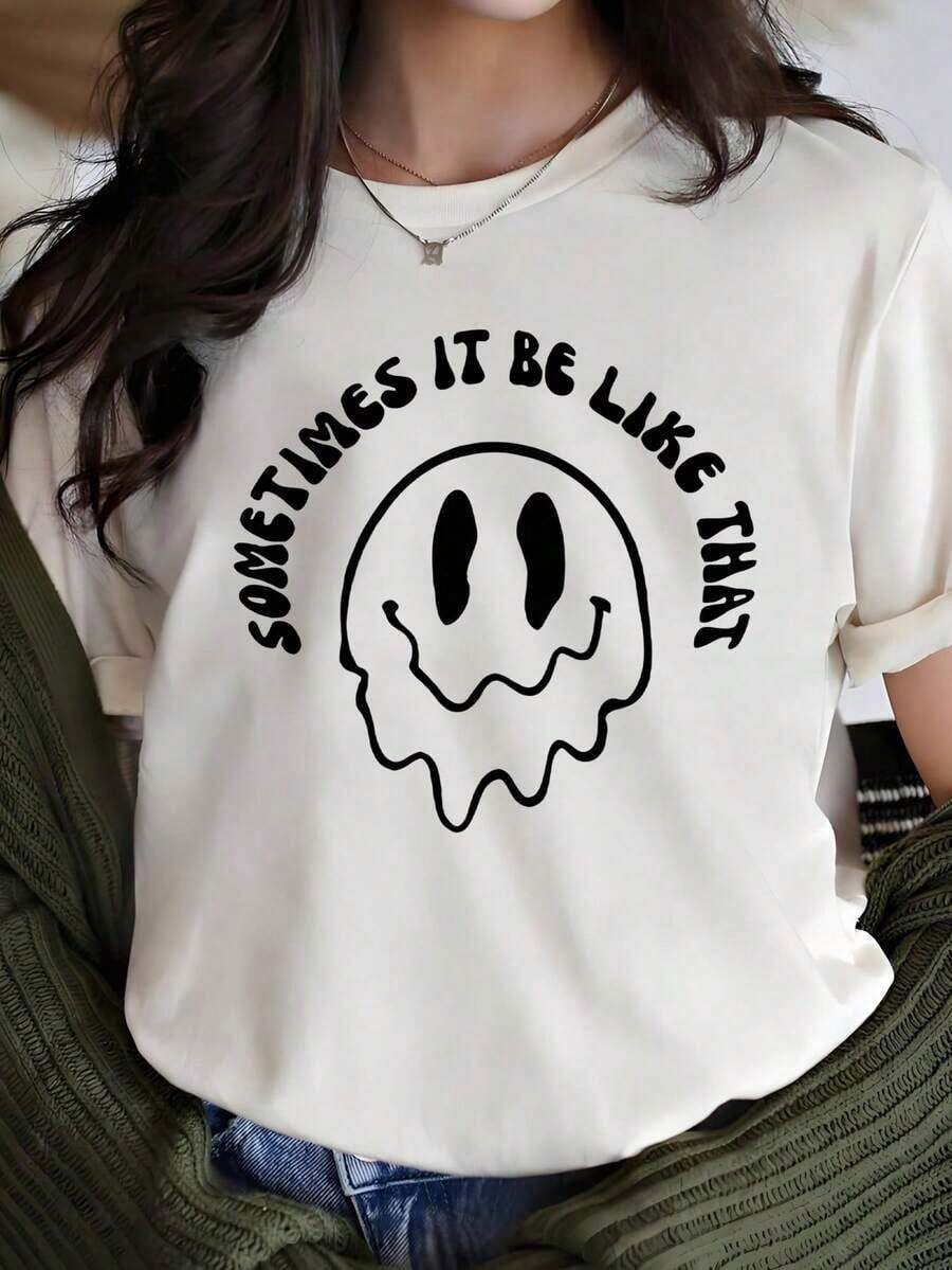 100% cotton Playera Cruda Liso de Mujer de Corte Holgado, Camiseta Estética Pop Art con Gráfico de Carita Derretida y Frase Divertida, Tops de Moda Juvenil y Retro, Blusas Bonitas Elegantes, Ropa Vintage de Verano, Camisas Lindas - Blanco - Ver 1
