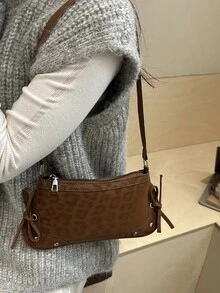 1个复古蝴蝶结装饰单肩/腋下法棍包，适合约会、外出、派对等场合，时尚女士蝴蝶结钱包。豹纹图案位置随机。 - 棕色 - 查看 5