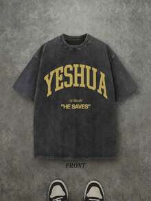 Women's & Men's Retro Washed T-Shirt For Men And Women, Printed On One Side (230 Gram Pure Cotton T-Shirt) With 'YESHUA HE SAVES' Letter And Pattern Print, Christian Gift, Casual T-Shirt For Men, Comfortable, Fashionable, Urban Style, Cotton. - 黑色 - 查看 7