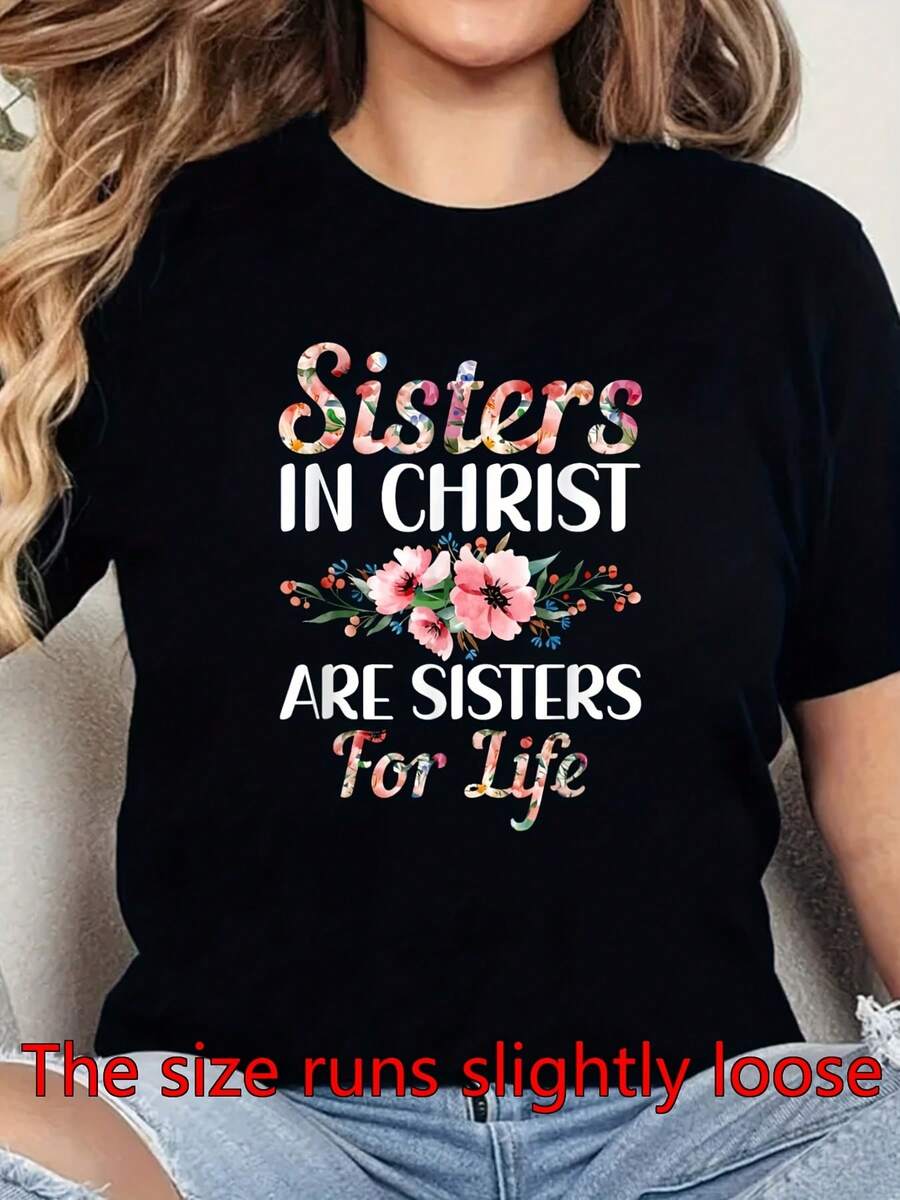 Camiseta cristiana para mujer, estilo casual en color negro, resistente y lavable a máquina. Modelo especial para amigas y hermanas en la fe, perfecta para reuniones cotidianas y regalos festivos, disponible en múltiples tallas
