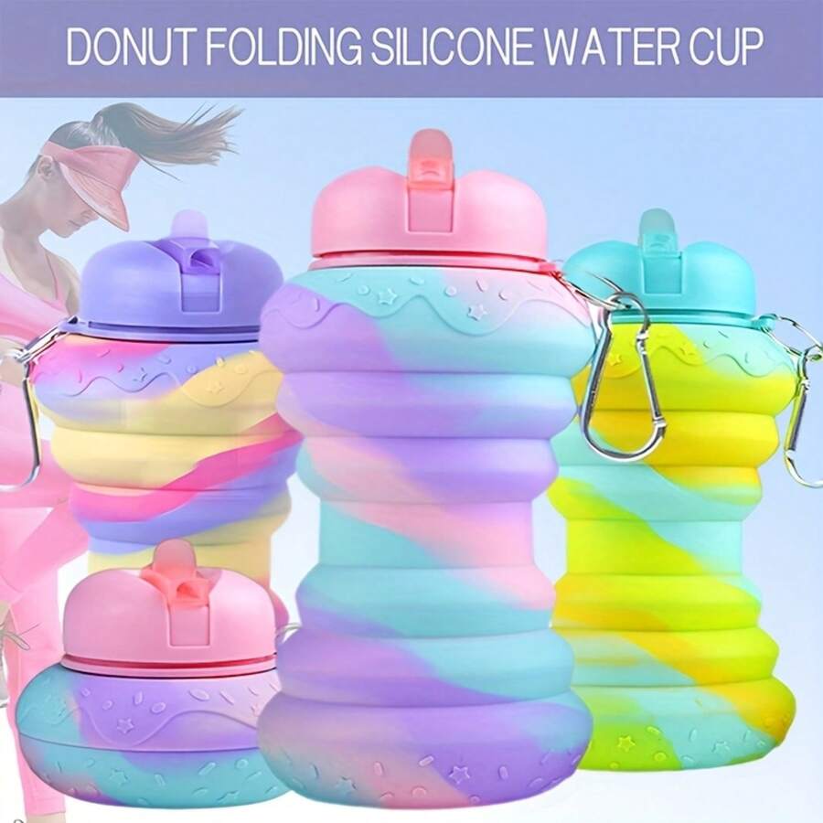 World Cup Edition! 500ml (16.9oz) Gradient Color Foldable Silicone Water Cup - Donut Design Portable Silicone Insulated Bottle With Carabiner, Suitable For Outdoor Travel, Hiking, Camping, Fitness, And Sports - Perfect Gift For Graduation, Back-To-School Day, Valentine's Day, Birthdays, And Christmas For Couples - Màu tím - Xem 1