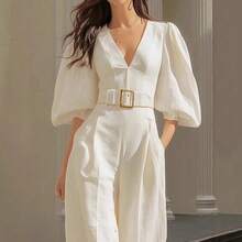 Mono de moda para mujer con diseño de cuello en V mangas medianas cinturón ajustable y bolsillos prácticos estilo elegante - Blanco - Ver 3