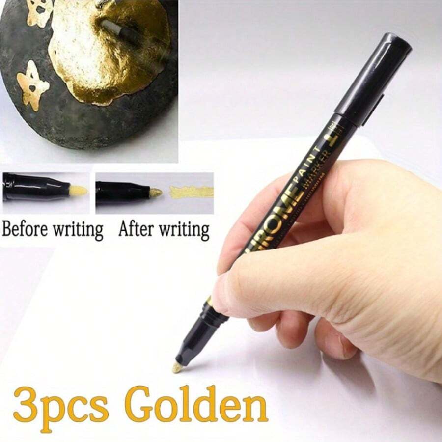 3 Packs Reflective Mirror Marker Pens - Medium Point, Golden Silver - Versatile Paint Markers For DIY Crafts, Art Projects On Wood, Metal, Plastic, Glass, Cardboard - Ideal For Drawing, Sketching, Coloring, Marking & Decorating - Sets - View 1