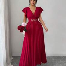 Elenzya New V-Neck Ruffle Sleeve Woven Solid Color Metal Decor Button Pleated Design Elegant Young Party Holiday Dinner Cocktail Maxi Dress For Women - Albaricoque - Ver 6