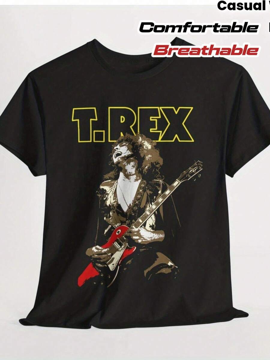 Camiseta Vintage para Hombre con Estampado de Tiranosaurio Rex - Camiseta de Banda de Rock Clásica con Texto de Tiranosaurio Rex Llamativo - Negra con Diseño Amarillo - Tela Cómoda y Transpirable, Perfecta para Conciertos, Amantes de la Música, Camiseta Coleccionable de Banda, Tallas Grandes - Negro - Ver 1