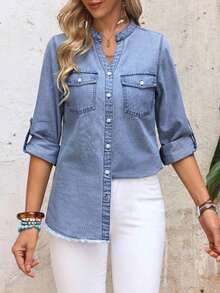 Camisa vaquera casual de mujer con cuello en V, abotonadura sencilla, dobladillo y puños - Azul - Ver 4