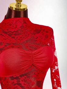 Blusa de encaje para mujer con vestido mini ajustado de tul rojo vintage con cordón en el bajo, estilo bohemio para fiesta - Burdeos - Ver 6