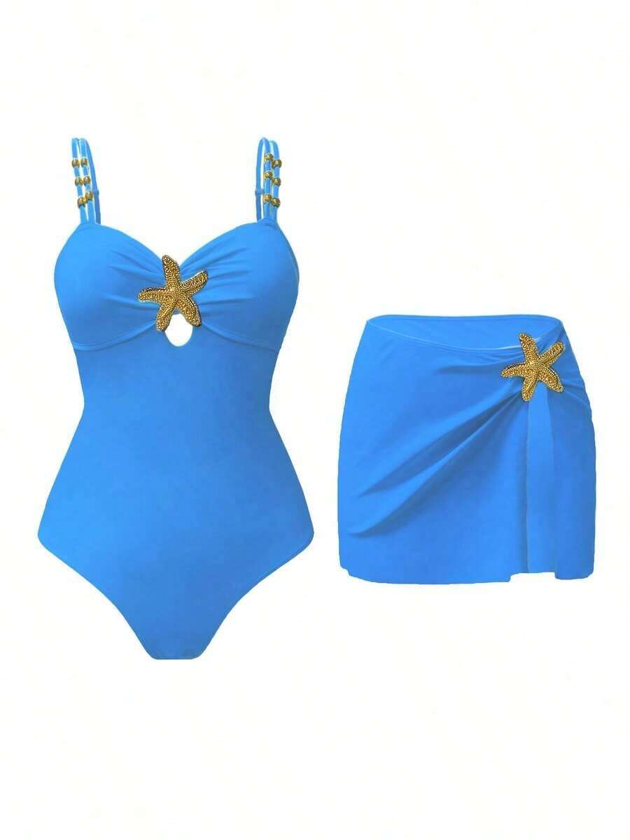 Swim Oasis 1 pieza Traje de baño de una sola pieza casual de vacaciones con decoración de pentágono lindo para mujer - Niebla azul - Ver 1