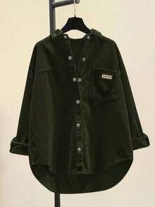 Camisa de manga larga casual de mujer de pana con bordado de letras, primavera - Verde militar - Ver 1