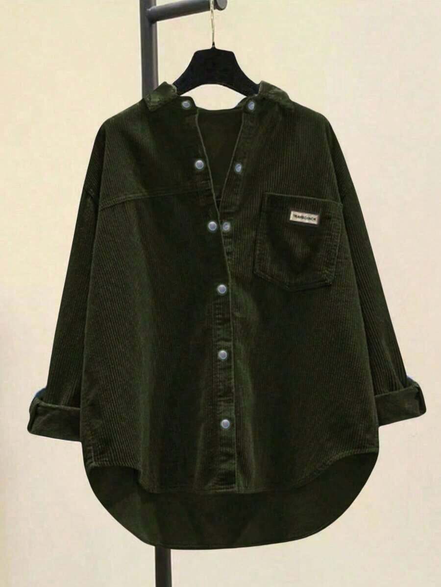 Camisa de manga larga casual de mujer de pana con bordado de letras, primavera - Verde militar - Ver 1