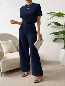 Camisa crop unicolor & Pantalones de pierna ancha - Azul marino - Ver 7