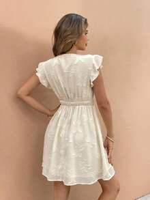 Frenchy Vestido corto de mujer con escote en V, manga con volantes, encaje de parche y tejido jacquard calado para vacaciones/fiesta - Albaricoque - Ver 2
