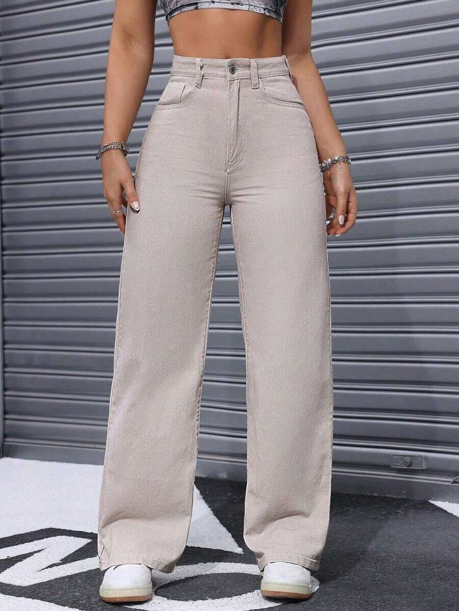 Unity Jeans de mezclilla casuales de unicolor para mujer - Beis - Ver 1