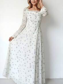 Vestido largo estampado primavera con mangas campana corte ajustado elegante estilo europeo para mujer - Azul lavado medio - Ver 6
