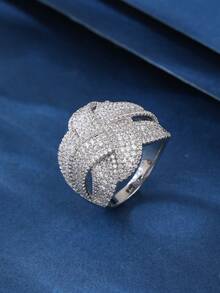1pc Copper Zirconia Material Heavily Inlaid Wrapped Large Ring, Fashionable & Charming, Suitable For Women's Gift, Holiday And Daily Wear - Silver - View 6