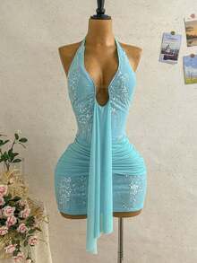 Vestido mini casual de vacaciones para mujer con escote en V profundo, cuello halter con lazo, y drapeado.Adecuado para la playa, cruceros y festivales de música en verano - Azul - Ver 7
