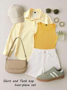 Everyssa Camisa holgada a rayas verde oliva y top sin mangas de punto para mujer - Amarillo - Ver 9