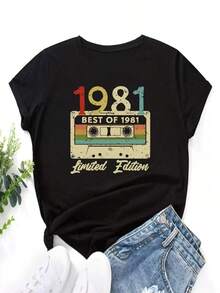 Camiseta gráfica con diseño de cinta de audio y letra para mujeres - Negro - Ver 1