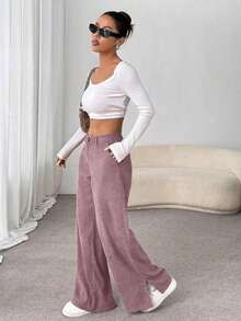 Unity Pantalones largos rectos y sueltos con abertura lateral de pana de moda casual para otoño/invierno para mujeres - Albaricoque 2 - Ver 6