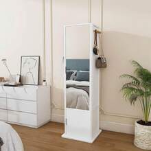 66" Jewelry Cabinet With A Full-Length Mirror, Standing Storage Cabinet With A Coat Rack, 2 Layers Of Built-In Shelves, Back 4 Layers Of Open Shelves, Oak - 白色 - 查看 10