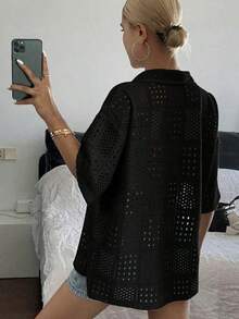 Women's Short-Sleeved Polo Shirt, Loose Fit, Textured And Openwork Fabric, For Summer - Hitam - View 3
