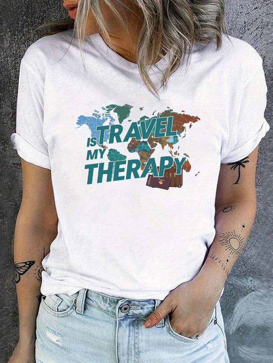 ¡Oferta por tiempo limitado, unidades limitadas,  relámpago! Camisas casuales para mujer, camisetas de poliéster para mujer, camisas elegantes.Viajar es mi terapia - Playera estampada, casual de cuello redondo y manga corta para primavera y verano, ropa para mujer - Blanco - Ver 1