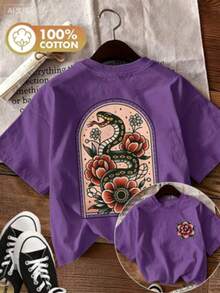 [Double-Sided Print]Summer Casual Women's Top, Vintage Style, Snake And Floral Print, Round Neck, Pure Cotton Short-Sleeve Cotton Womens Vintage Snake - 紫色 - 查看 15