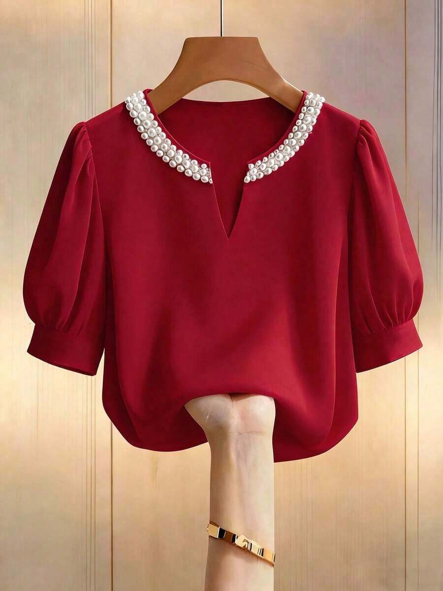 Blusa casual elegante de mujer con cuello redondo en color champán, cuello en V, manga corta abullonada, con adornos de perlas falsas, corte holgado, adecuada para ir a trabajar, elegancia cotidiana.Elegante, casual, atuendo casual para mujer, ro - Rojo - Ver 1