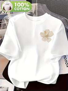 Camiseta de Mujer 100% Oversized de Cuello Redondo y Manga Corta con Estampado Floral - Top Casual de Ajuste Holgado Ideal para Uso Todo el Año, Ropa de Descanso y Outfits Diarios - Suave y Transpirable, No Blusa - Blanco - Ver 6