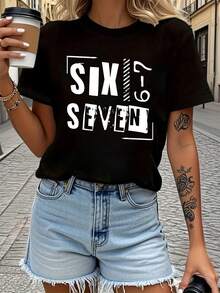 Women's T-Shirts, Women's T-Shirts, Women's T-Shirt With SIX-6 SEVEN Letter Print From The Six And Seven Brand, Casual Round Neck, Spring/Summer Top, Short Sleeve. - 1件白色隨機圖案 - 查看 6