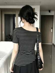Vintage Striped Off-Shoulder T-Shirt For Women, Versatile Summer Top Casual - Black Stripes - View 8