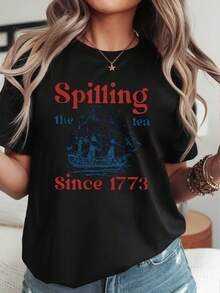 Funny T-Shirt With The Phrase "I Have Loved Spoilers Since 1773" - Humorous British Style Theme, Patriotic Outfit For Independence Day, Casual Crew Neck Style Suitable For Independence Day Parties And Daily Wear, Playful Style. - 黑色 - 查看 7