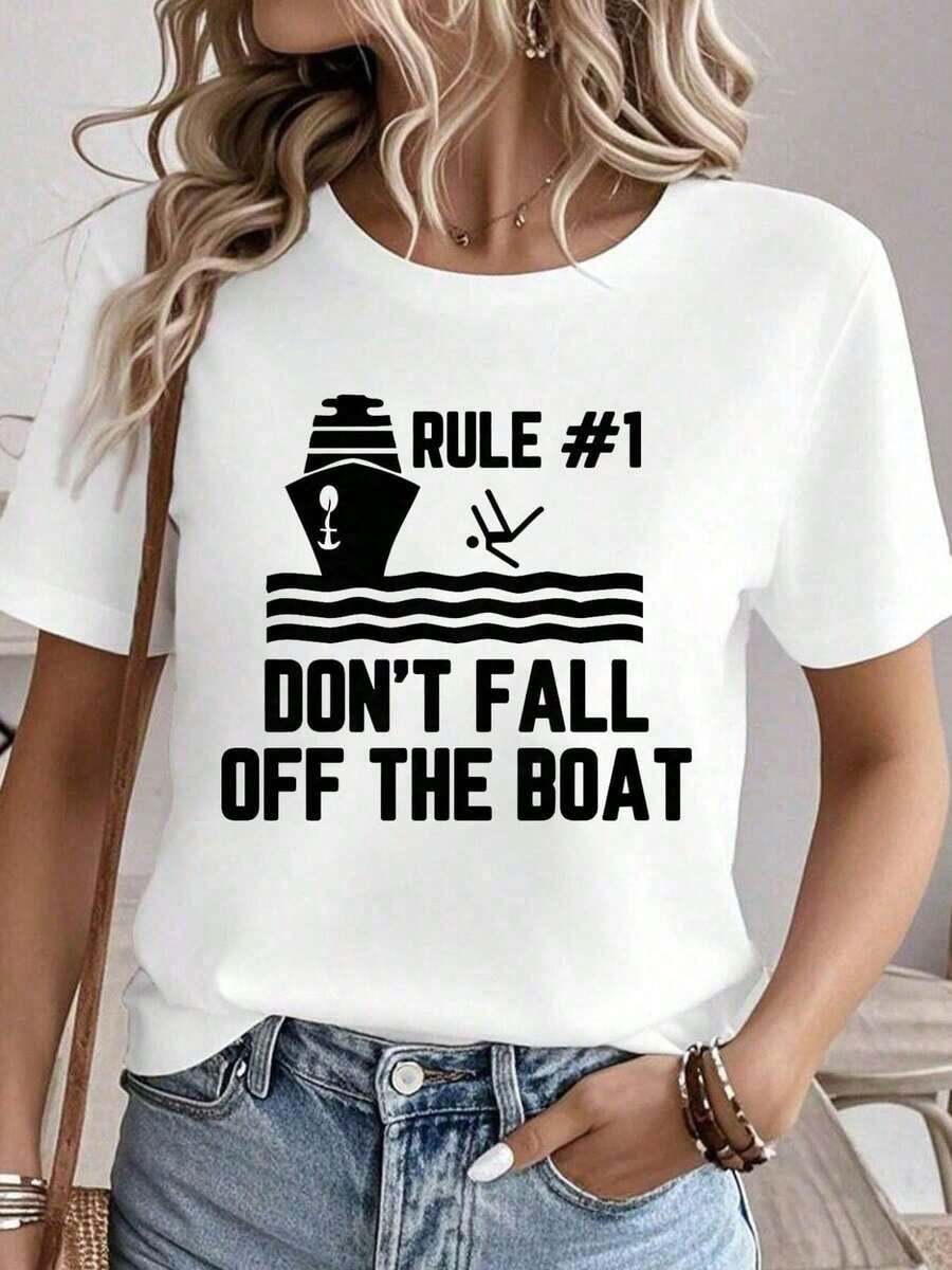 100% algodón Regla 1 No te caigas del barco Camiseta con estampado náutico Camisetas gráficas para mujer Tops de verano Camiseta de cuello redondo 100% algodón Ropa para mujer Conjuntos para mujer Ropa de otoño para mujer Tops para mujer Camiseta blanca - Blanco - Ver 1