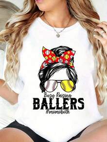 100% algodón, talla grande, camiseta con estampado "Moño Desordenado, Mamá de Dos Deportistas, Beisbol y Sóftbol, Ocupada Creando Campeones", cuello redondo, mangas cortas, tela elástica, camiseta de verano. - Blanco - Ver 1