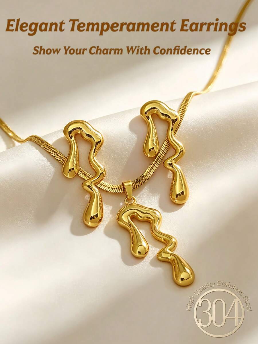 Bộ 3 món. Bộ trang sức nữ thời trang và đơn giản, bộ bông tai và dây chuyền nữ, bông tai dày mạ vàng, bộ bông tai và dây chuyền hình giọt nước bất đối xứng, bộ bông tai bất đối xứng nung chảy, bộ trang sức bông tai và dây chuyền kiểu ôm đơn giản dành cho nữ, quà tặng trang sức bông tai và dây chuyền thời trang, bộ trang sức mùa hè bên bờ biển. - Bộ trang sức - Xem 1