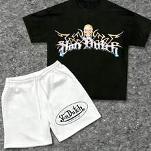 Mens Creative T Shirt And Shorts Set American Vintage Full Print Street Wear Essential T Shirt Set Men Graphic T Shirt And Shorts Set With Vonn Dutch Originals Logo Print - 黑色 - 查看 1