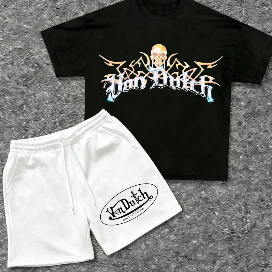 Mens Creative T Shirt And Shorts Set American Vintage Full Print Street Wear Essential T Shirt Set Men Graphic T Shirt And Shorts Set With Vonn Dutch Originals Logo Print - 黑色 - 查看 1