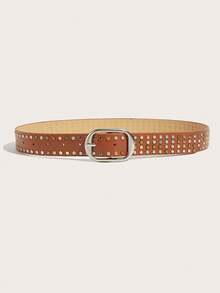 1pc Women's Silver Buckle Rivet PU Leather Belt, Classic Fashion Accessory Suitable For Pants, Dresses, Casual, Party, Events - Brown - View 2