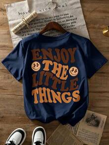 Conjunto de estilo nuevo 2026, solo se vende la camiseta (los pantalones son solo para referencia de combinación). Camiseta estampada de corte holgado. Una pieza minimalista y moderna con estampado de letras tropicales, un artículo imprescindible para un estilo relajado en vacaciones. Perfecto para ocasiones como el Día del Trabajo y el Día de la Independencia de México. - Azul Marino - Ver 7