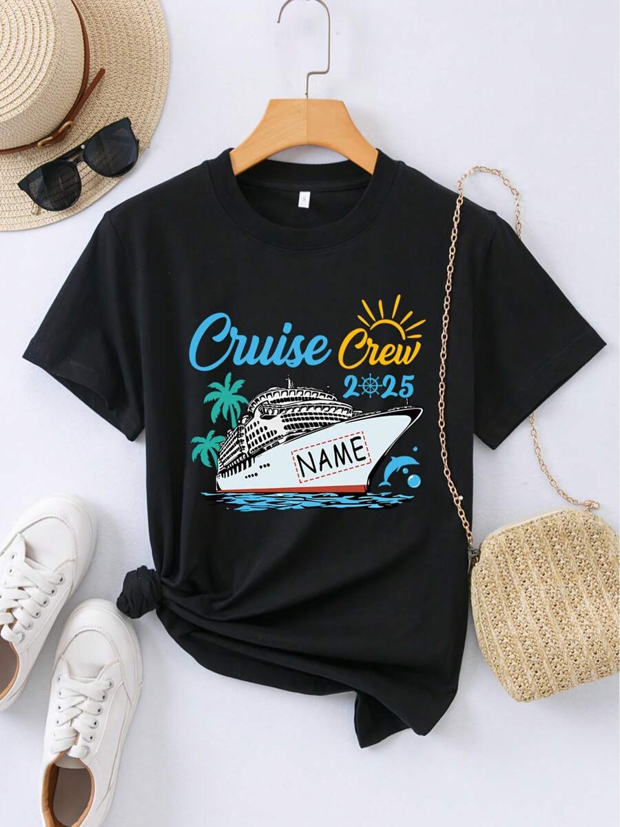 Camiseta Personalizable con Patrón de Barco de Carnaval 2025 y el Texto que Desees, 100% Algodón, Diseño de Nombre Personalizado DIY - Negro - Ver 1